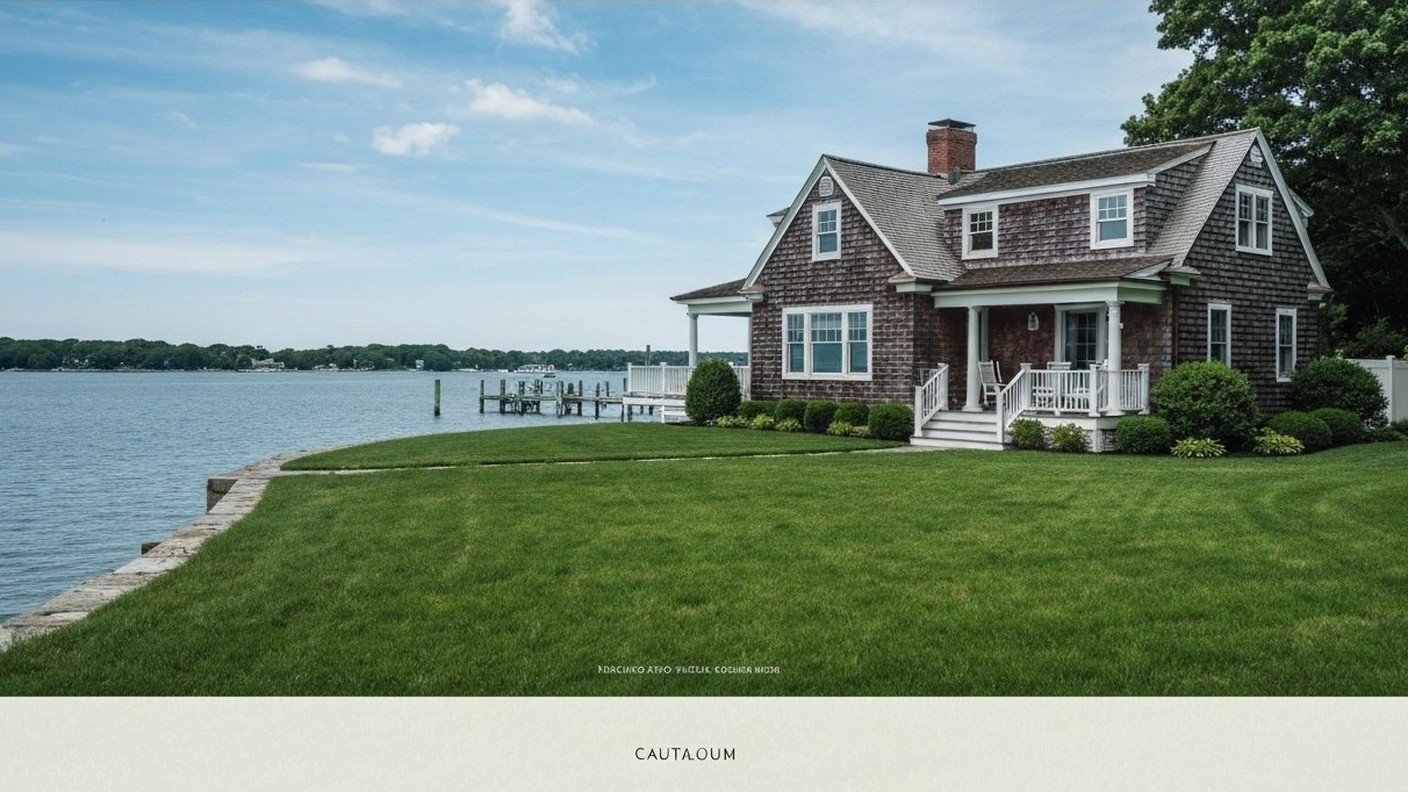 shingle style waterfront house with a lawn sloping to the water, summer