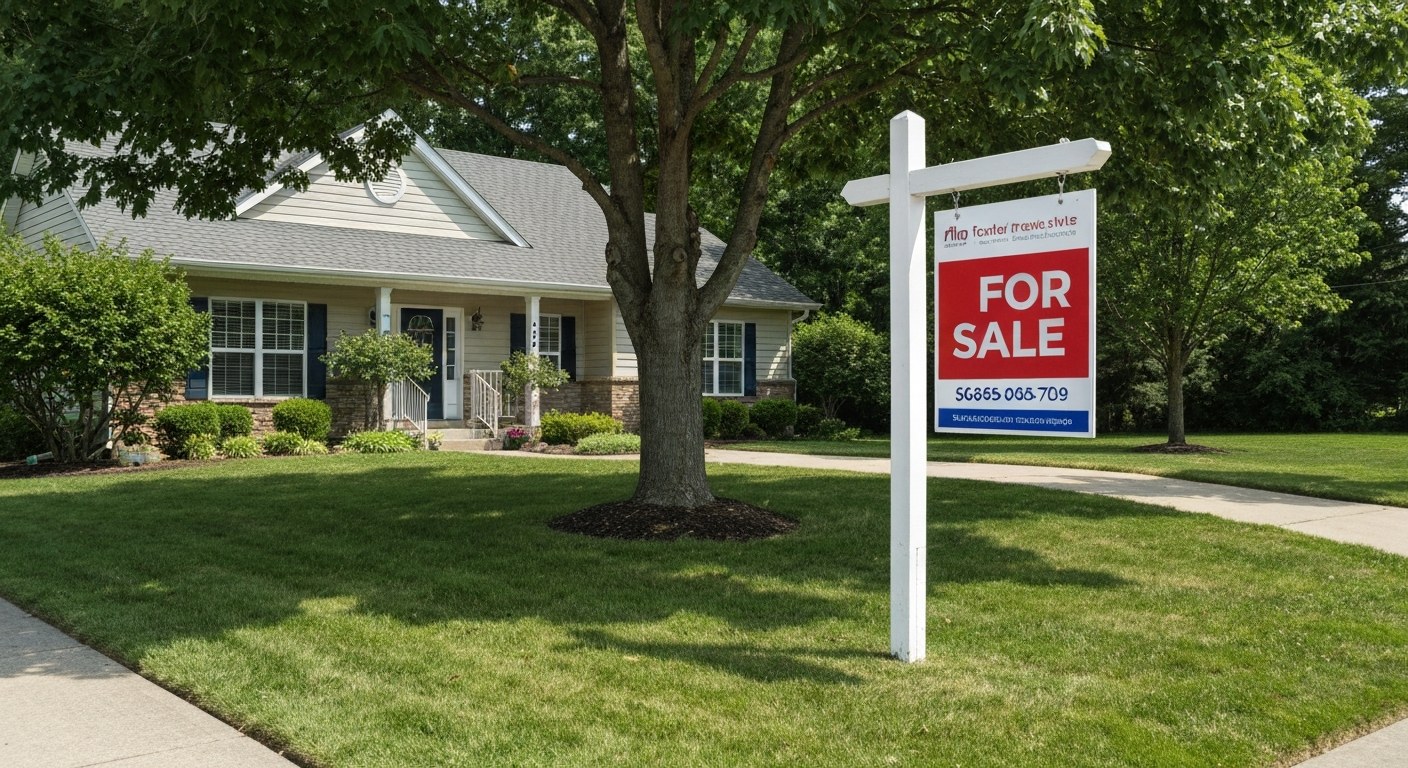 real estate for sale sign in front of a suburban house with garden, daytime