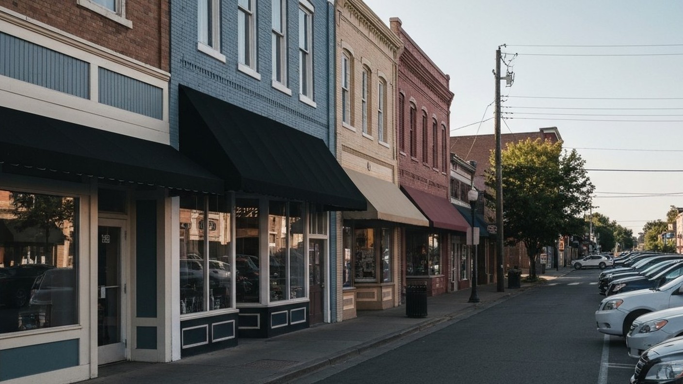 small town main street with storefronts, awnings and parked cars, afternoon