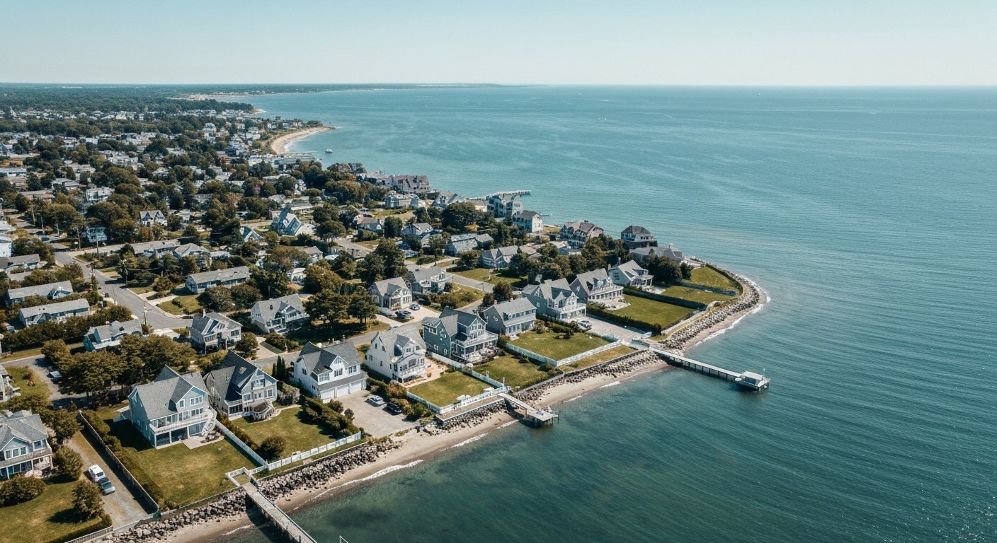 aerial view of a coastal neighborhood with houses near the shoreline