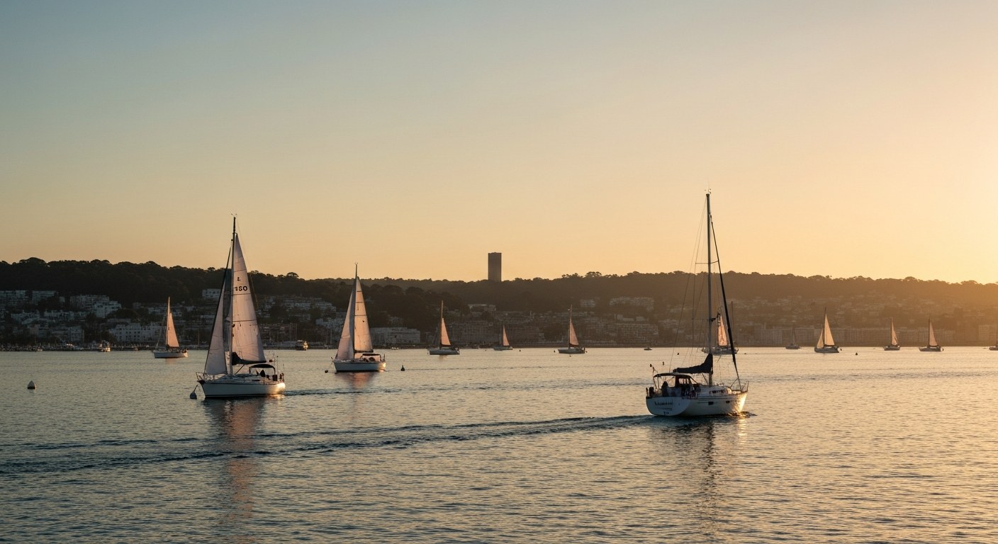 sailboats on a bay at golden hour with the shoreline in the background