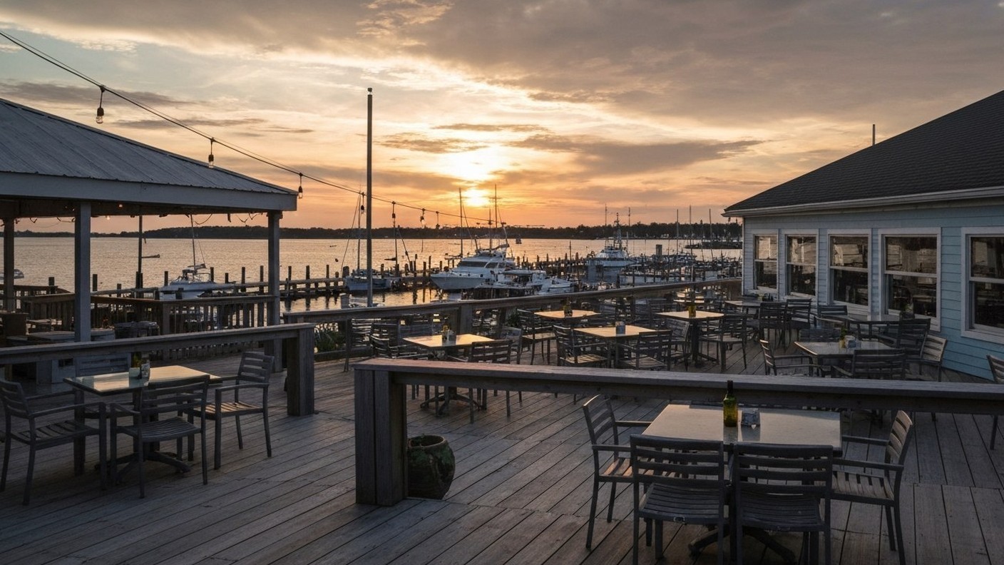 waterfront seafood restaurant deck overlooking a harbor at sunset