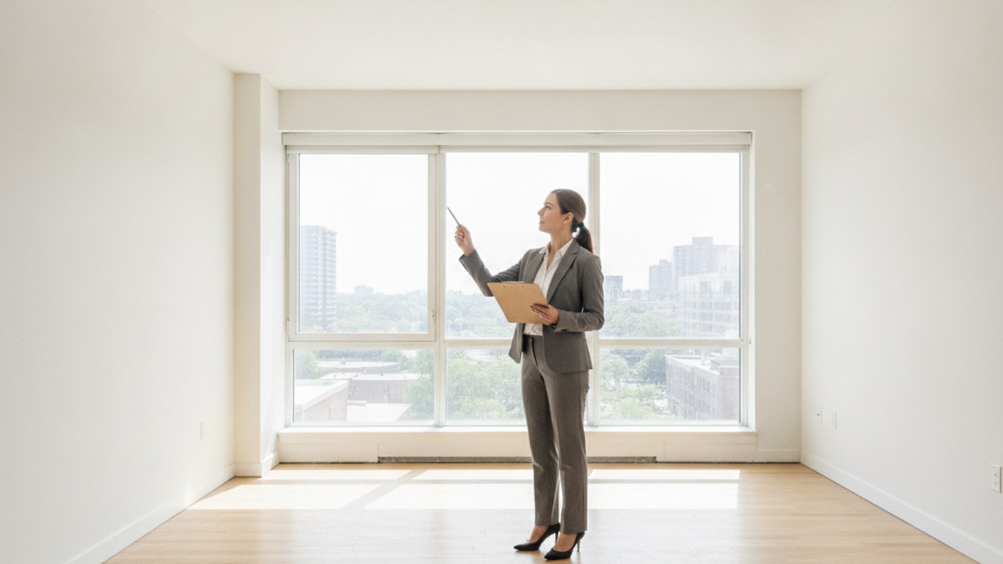 property manager inspecting an apartment with a clipboard, daylight through windows