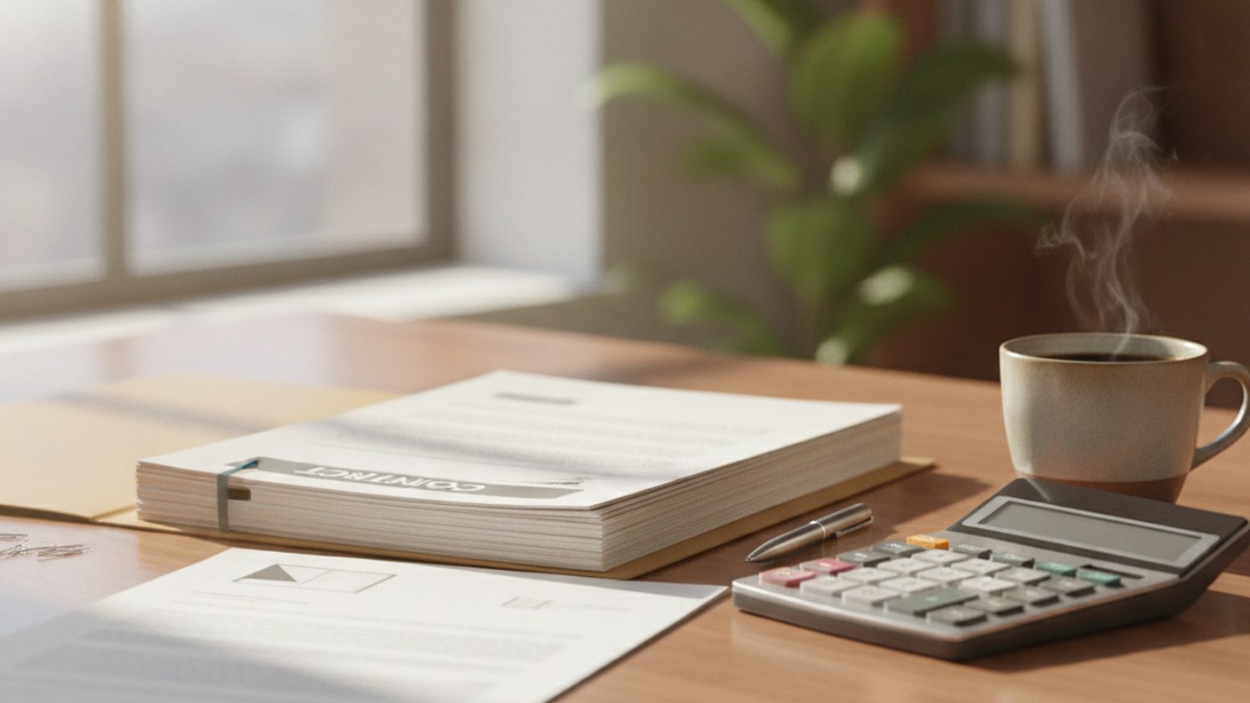 contract documents and a calculator on a desk with a coffee cup, natural light