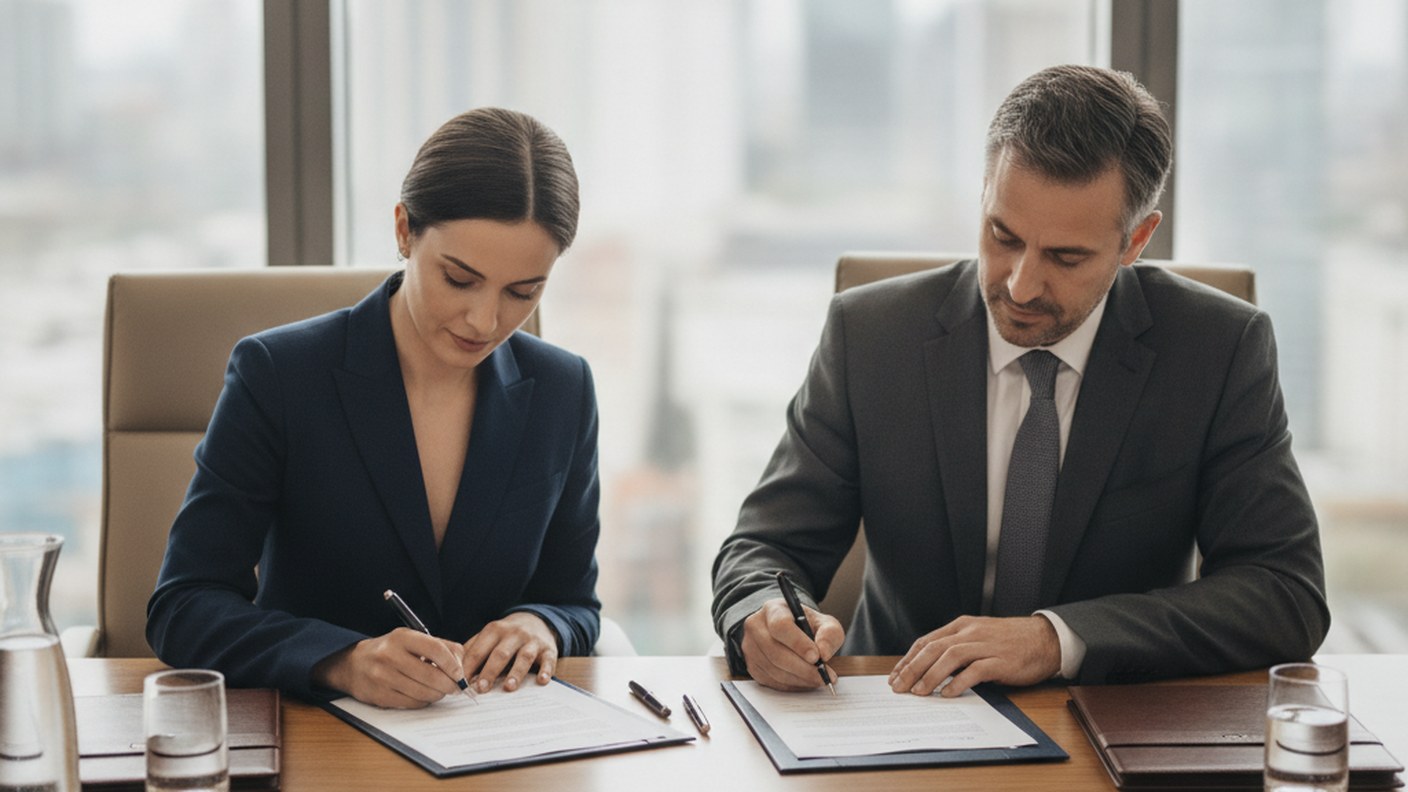 two people signing a management agreement across a table, professional setting