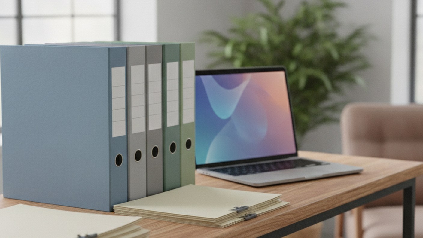 organised folders and financial reports on a shelf beside a laptop screen