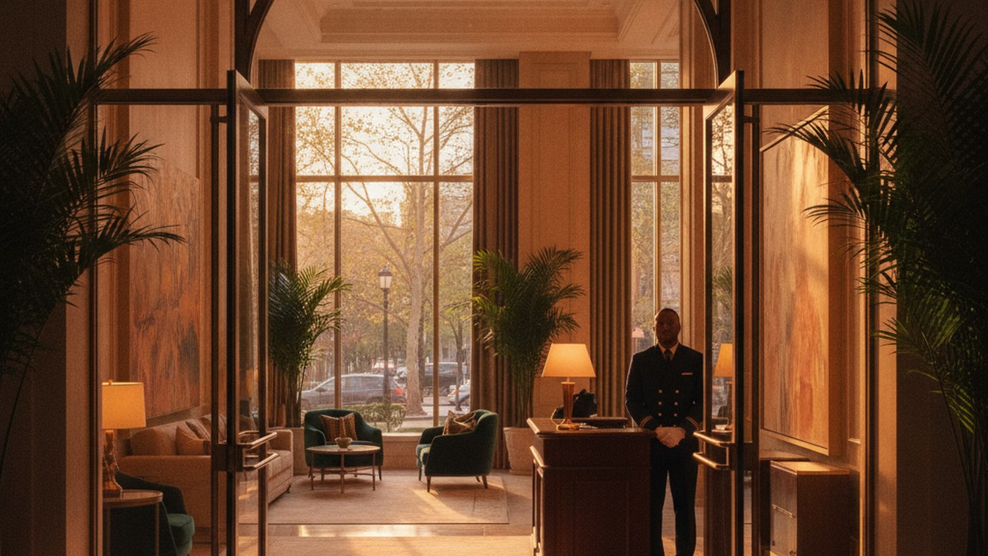 apartment building entrance with warm evening lighting and a doorman desk visible