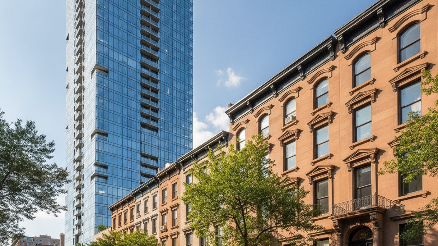 modern residential tower next to low rise brownstones in Brooklyn, clear sky