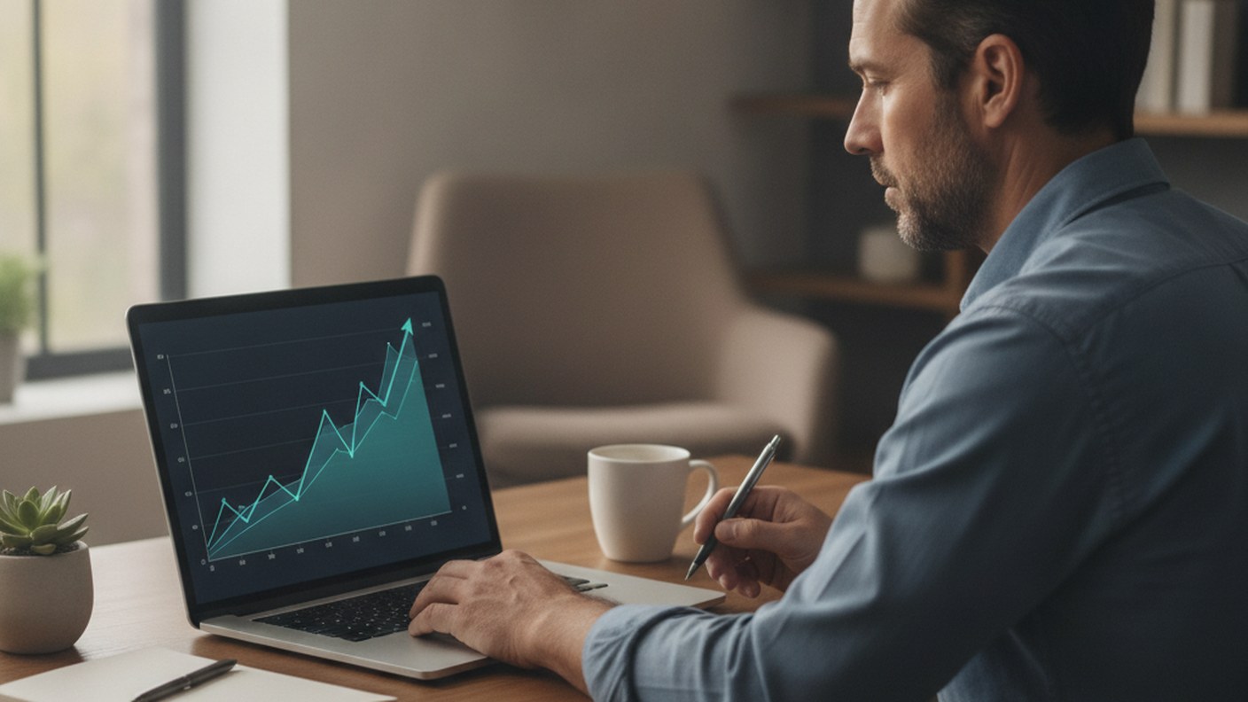 person analysing a rising line chart of expenses on a laptop at a desk, natural light