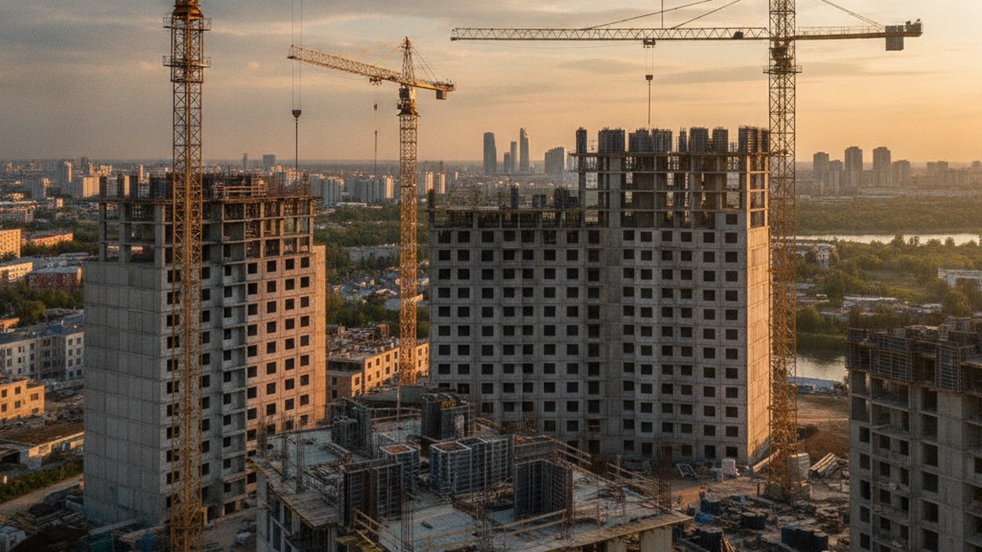 construction cranes over a partly finished residential development, late afternoon