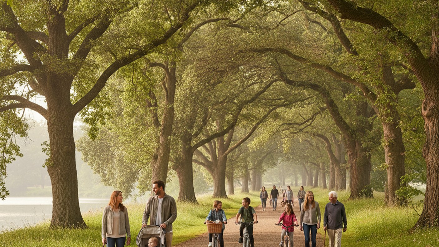 families walking along a wide park path with tall trees, weekend morning