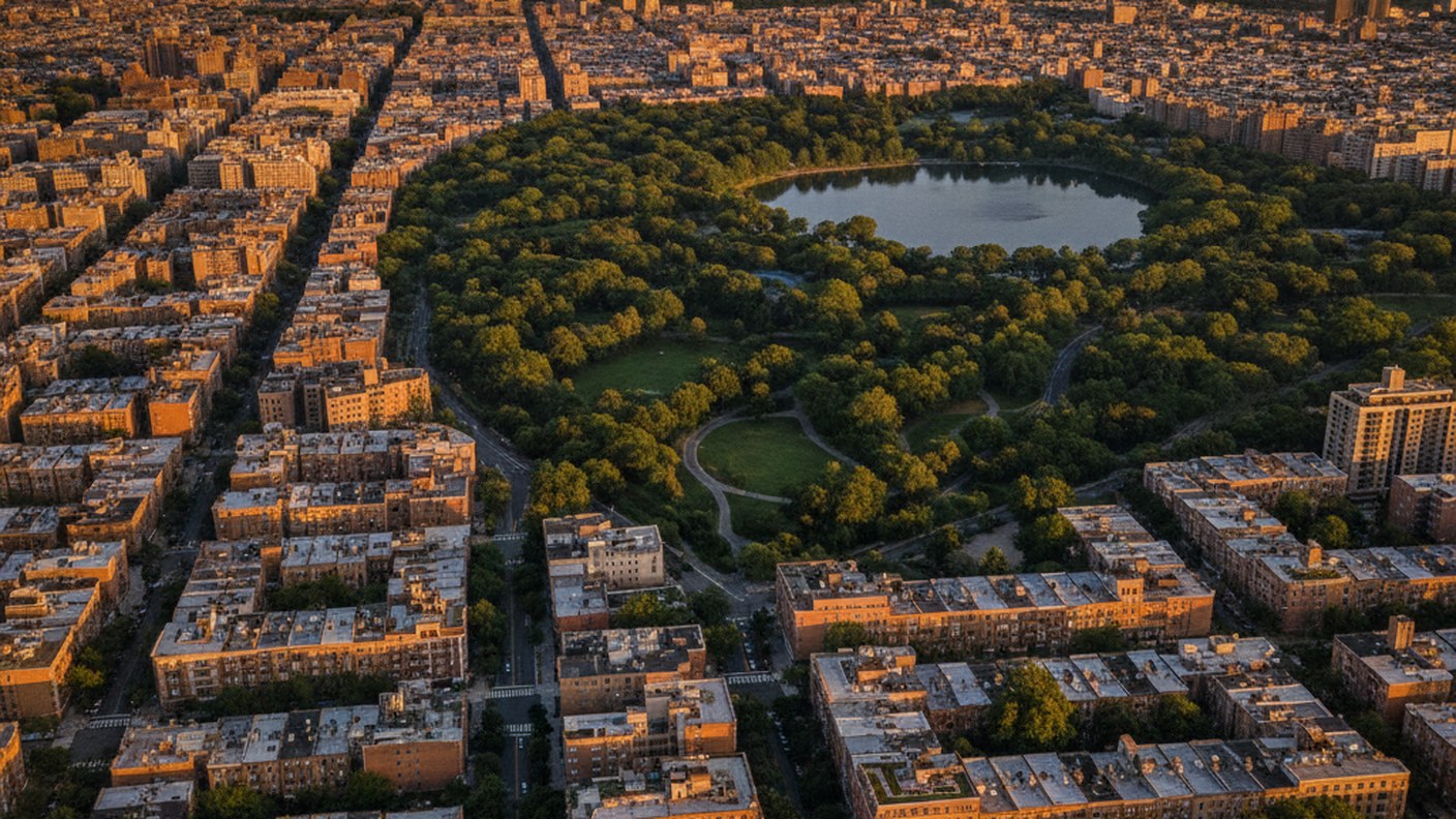 aerial style view of a Brooklyn neighborhood with a large park and low rooftops, golden hour