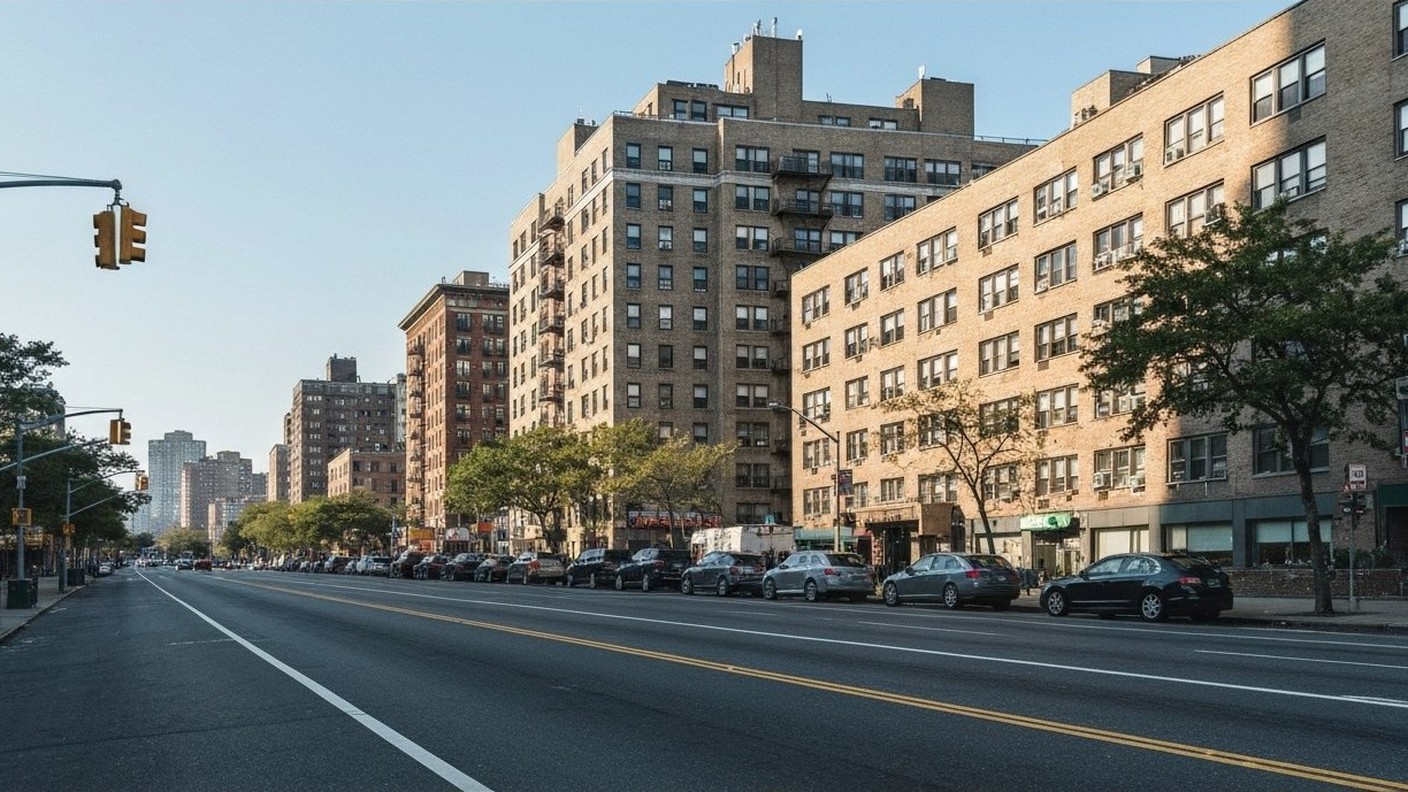 wide boulevard lined with mid-century apartment buildings in Queens, clear day