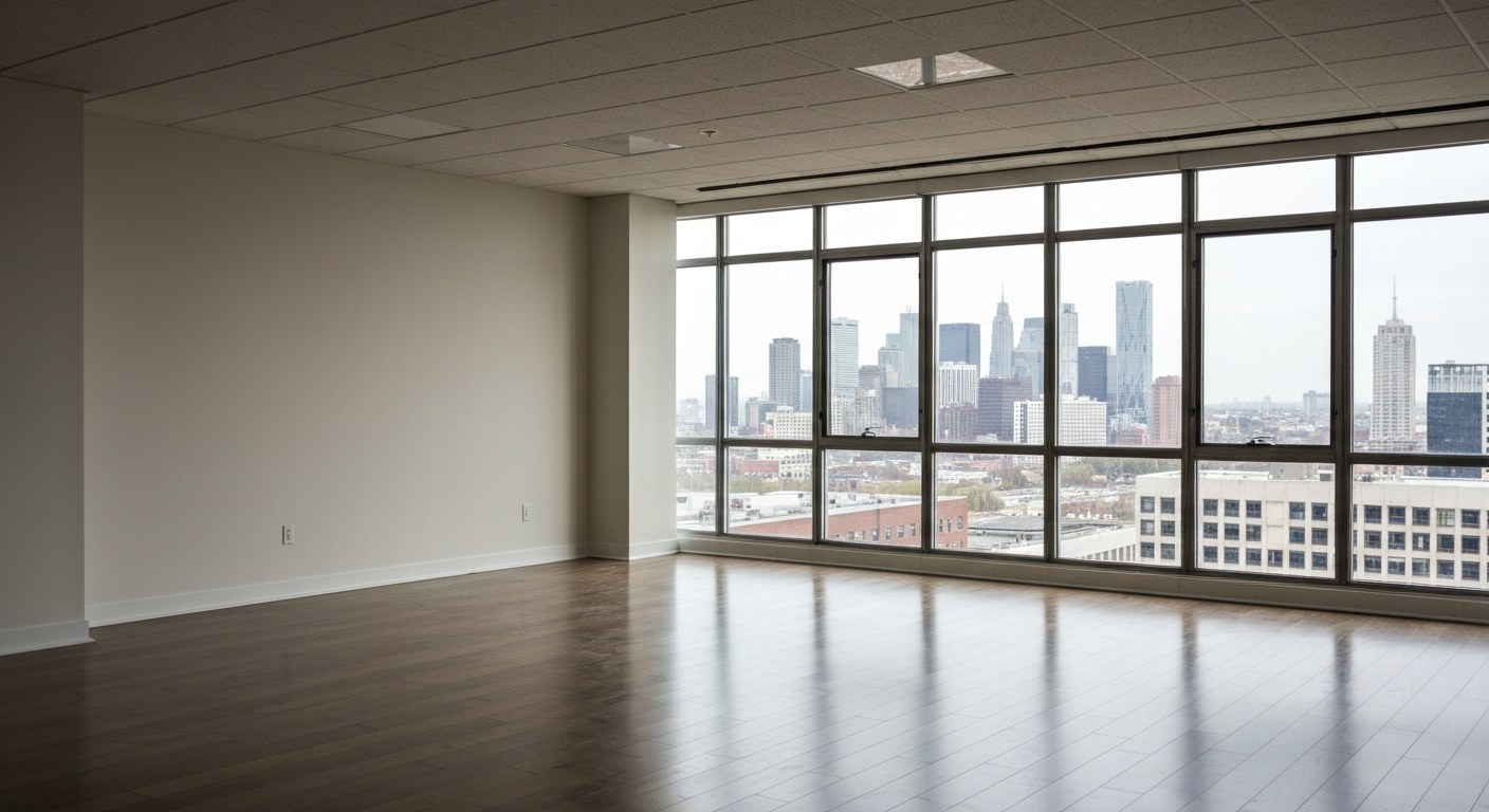 spacious empty apartment with large windows overlooking a city skyline in the distance
