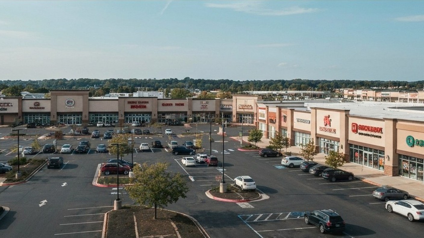 large shopping center with parking and storefronts, suburban retail, daytime
