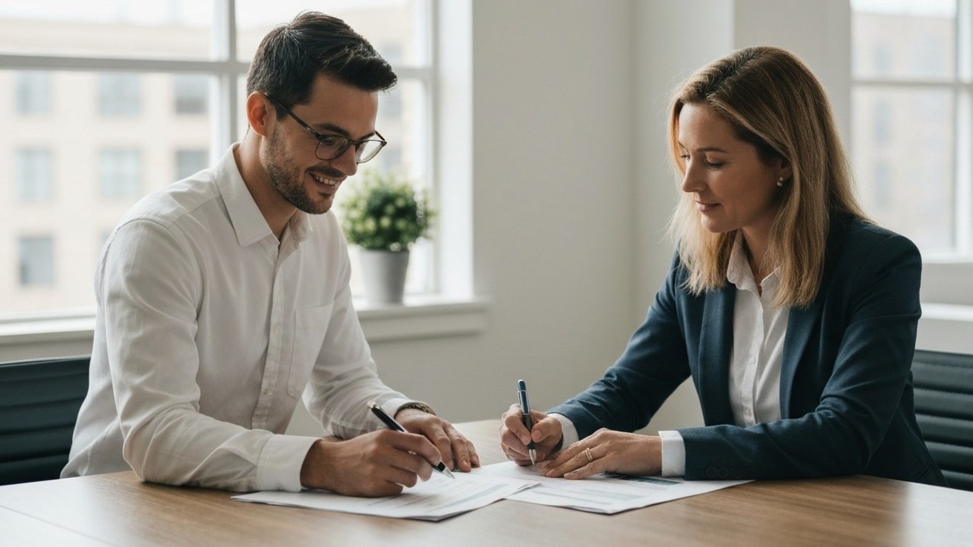 two people reviewing property paperwork across a table, bright office