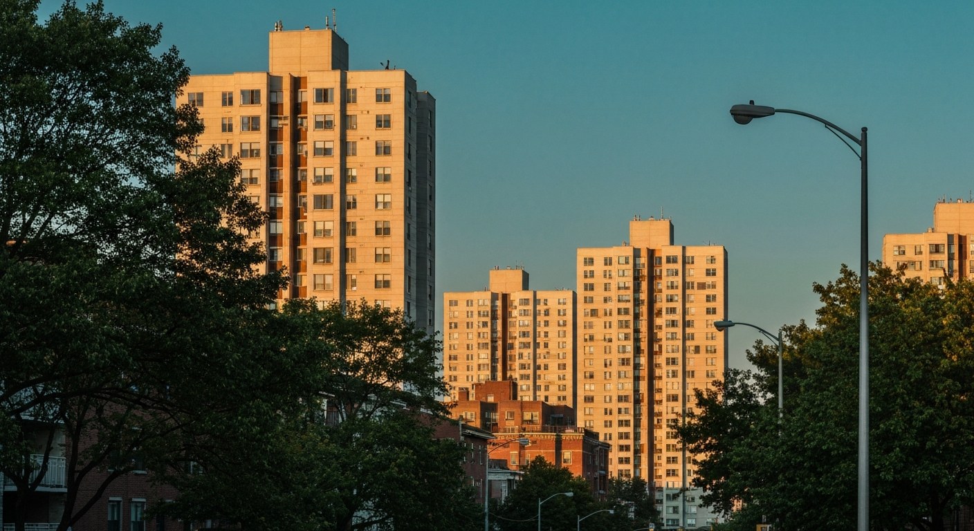 residential neighborhood with apartment towers and trees at golden hour, Queens