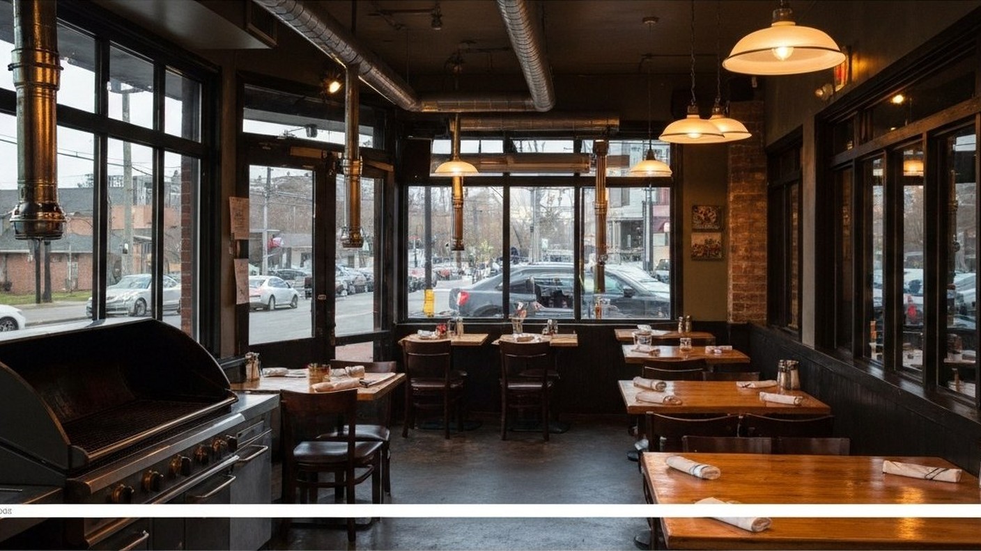 neighborhood restaurant interior with grill and wooden tables, evening light