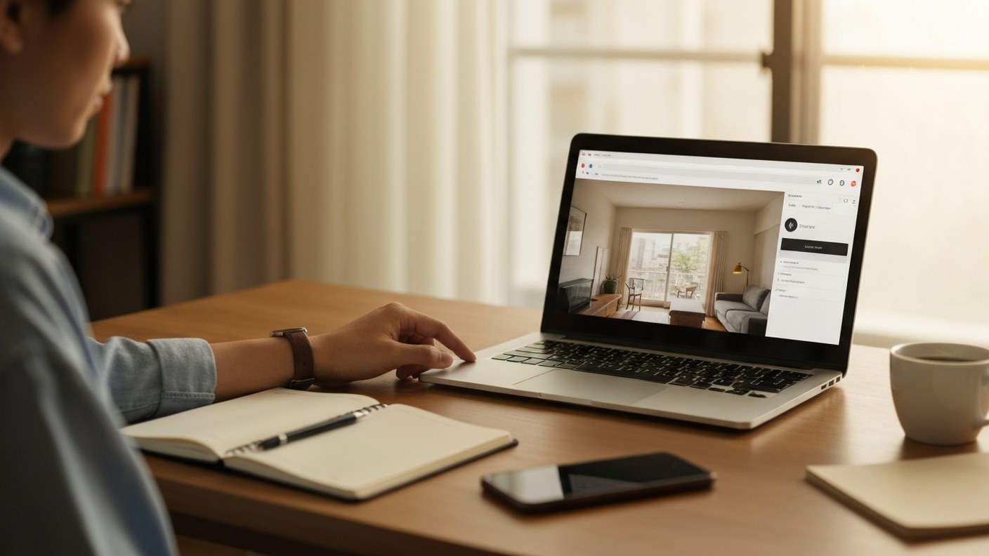A person in a Tokyo home office joining a video call on a laptop showing an apartment tour, notebook