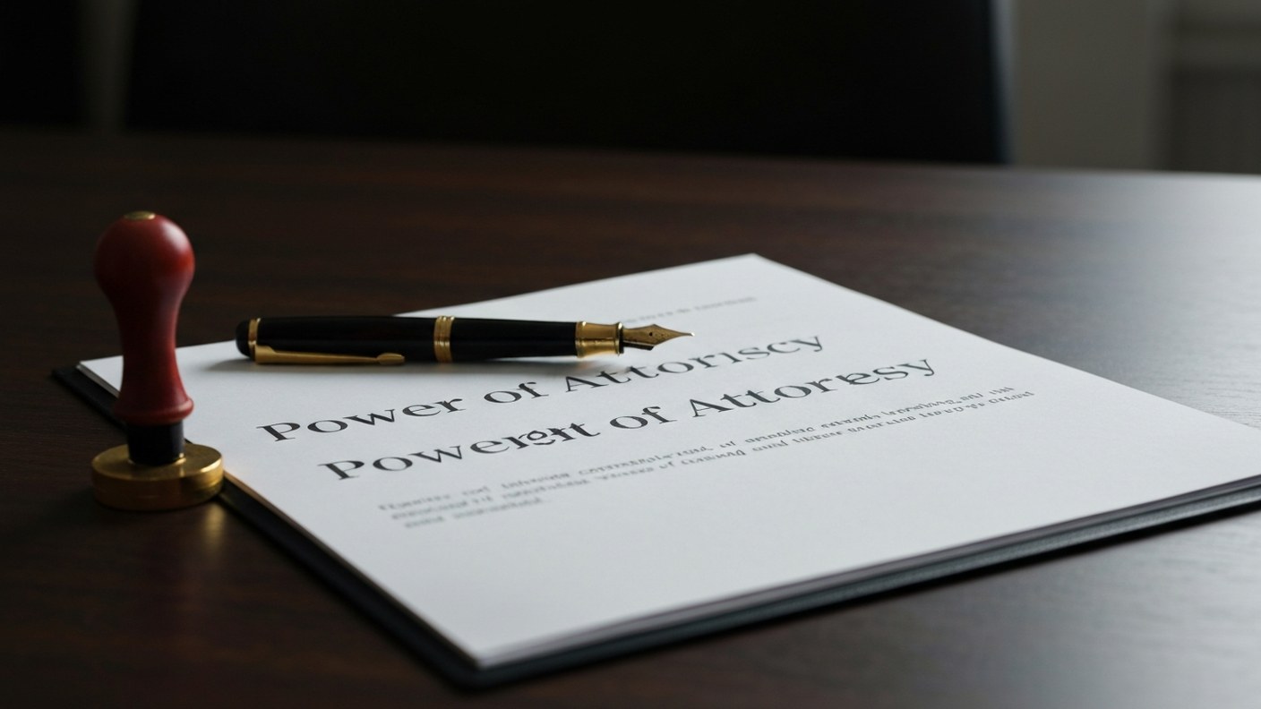 A power of attorney document with a fountain pen and a notary seal stamp on a dark wooden desk, dram