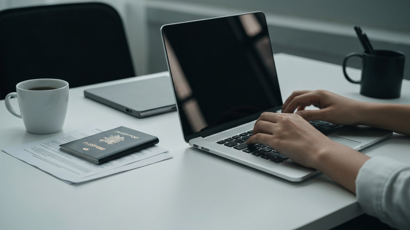 An international wire transfer concept, hands typing on a banking laptop with a passport and documen