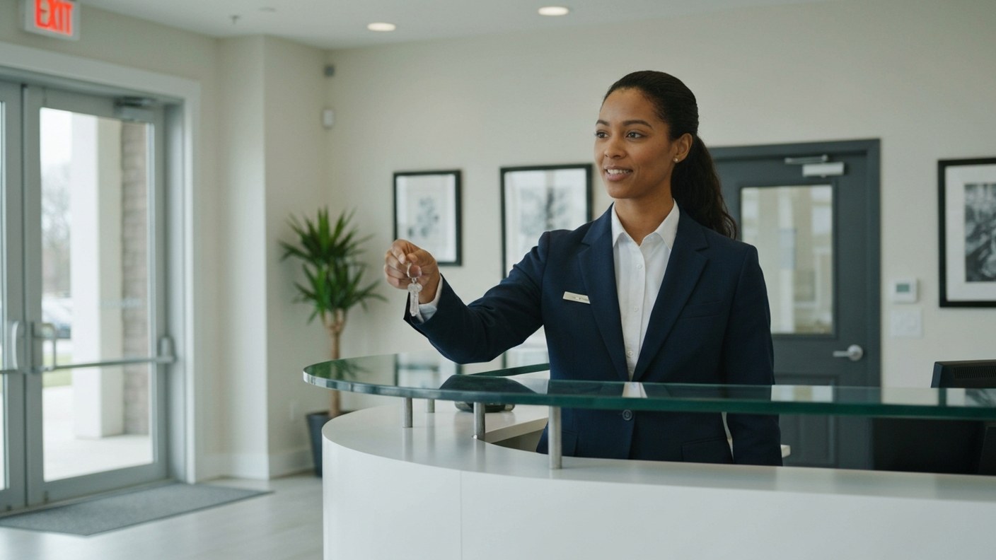 A property manager handing over apartment keys in a modern condo lobby with doorman desk, bright wel