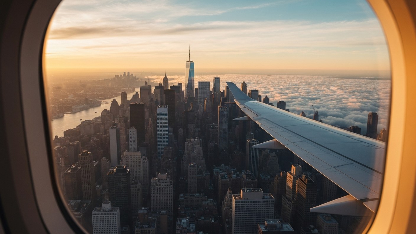 Sunrise over the Manhattan skyline viewed from an airplane window, hopeful travel mood, soft golden