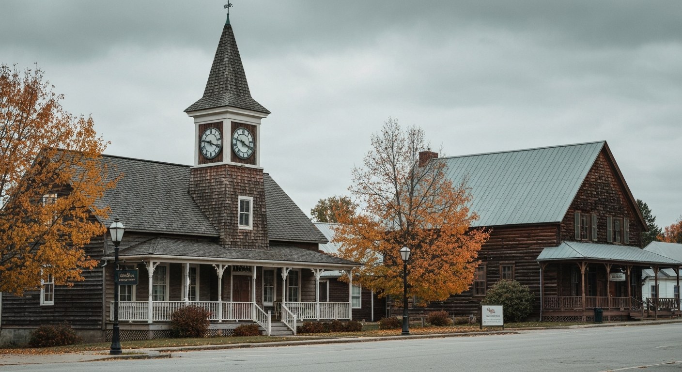 historic village center with a clock tower and 19th century wooden buildings, autumn