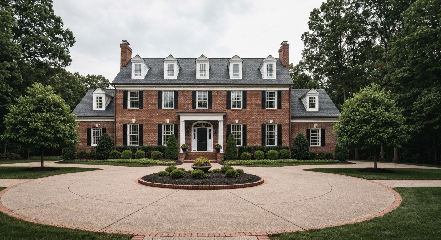 large brick colonial house with circular driveway and mature landscaping