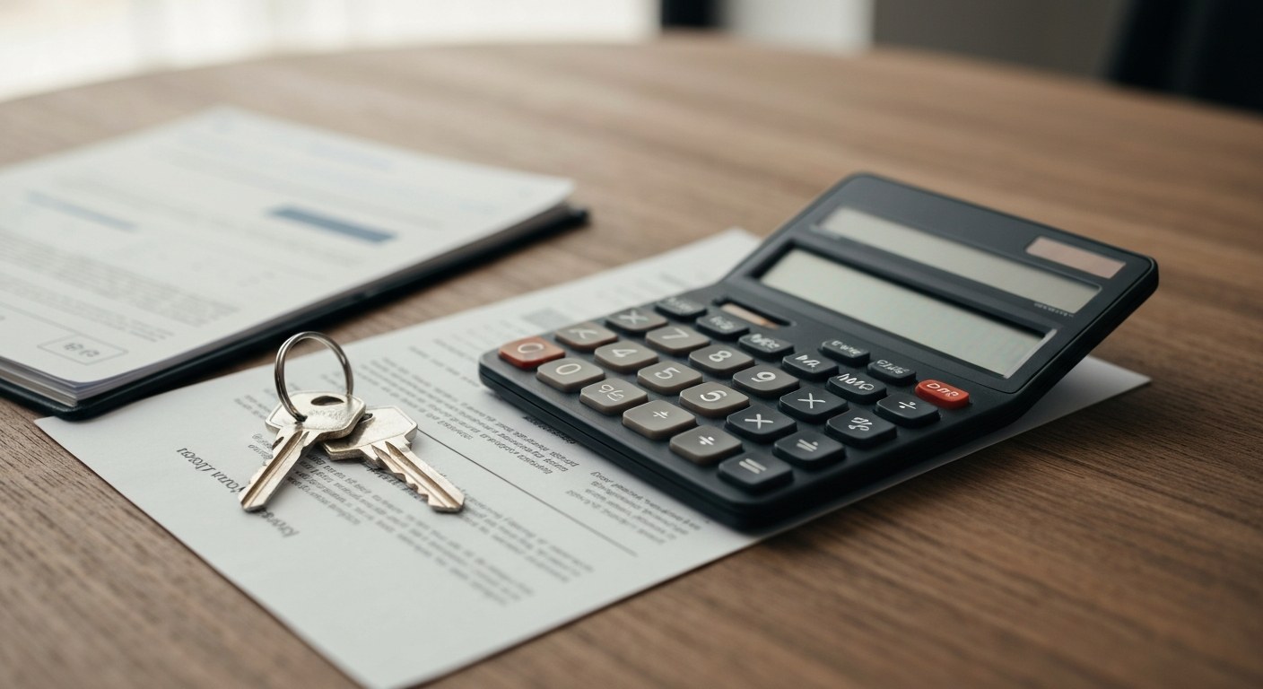 property documents with a calculator and house keys on a wooden table