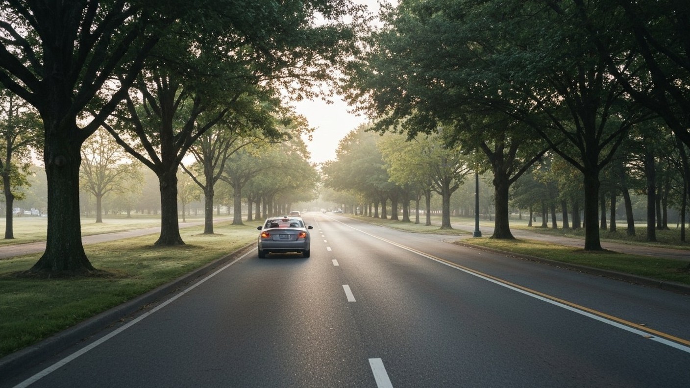 car driving on a tree lined suburban parkway in the morning light