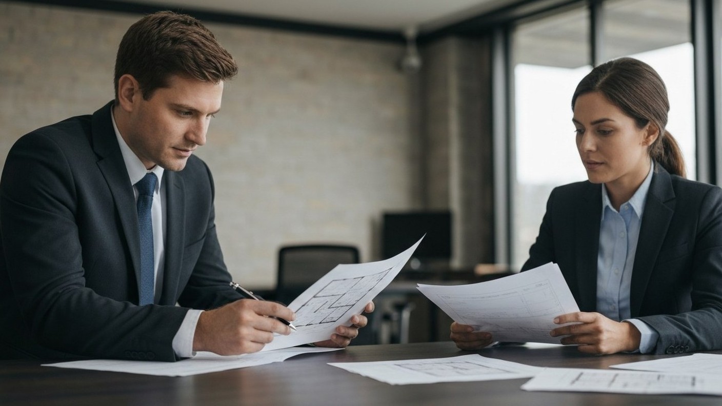 two professionals reviewing a floor plan and documents in an office