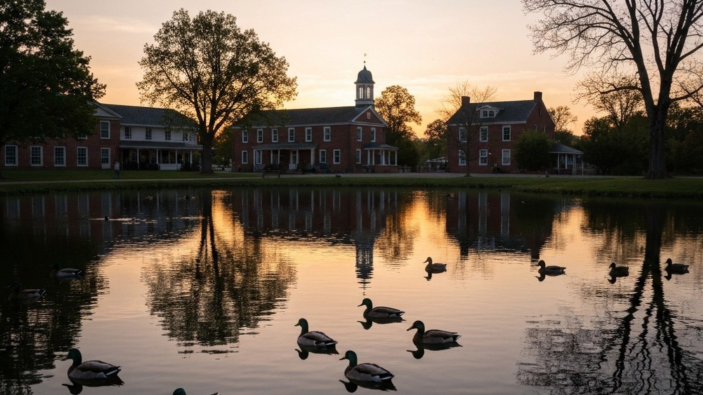 pond with ducks and historic buildings reflected in the water at sunset