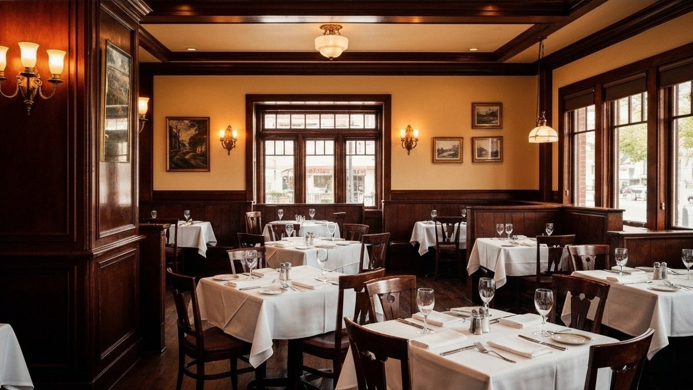 classic american steakhouse interior with white tablecloths and warm lighting