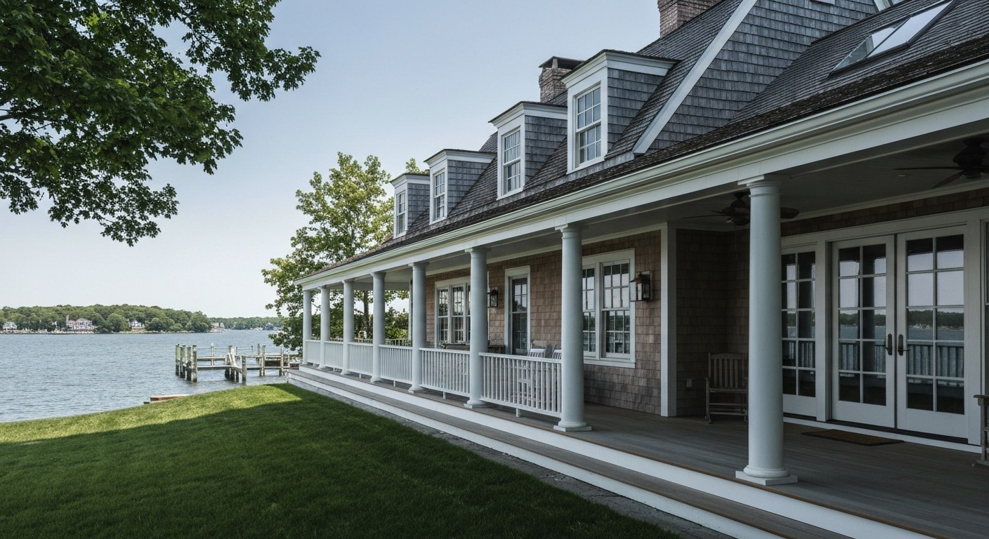 shingle style waterfront house with wide porch overlooking water