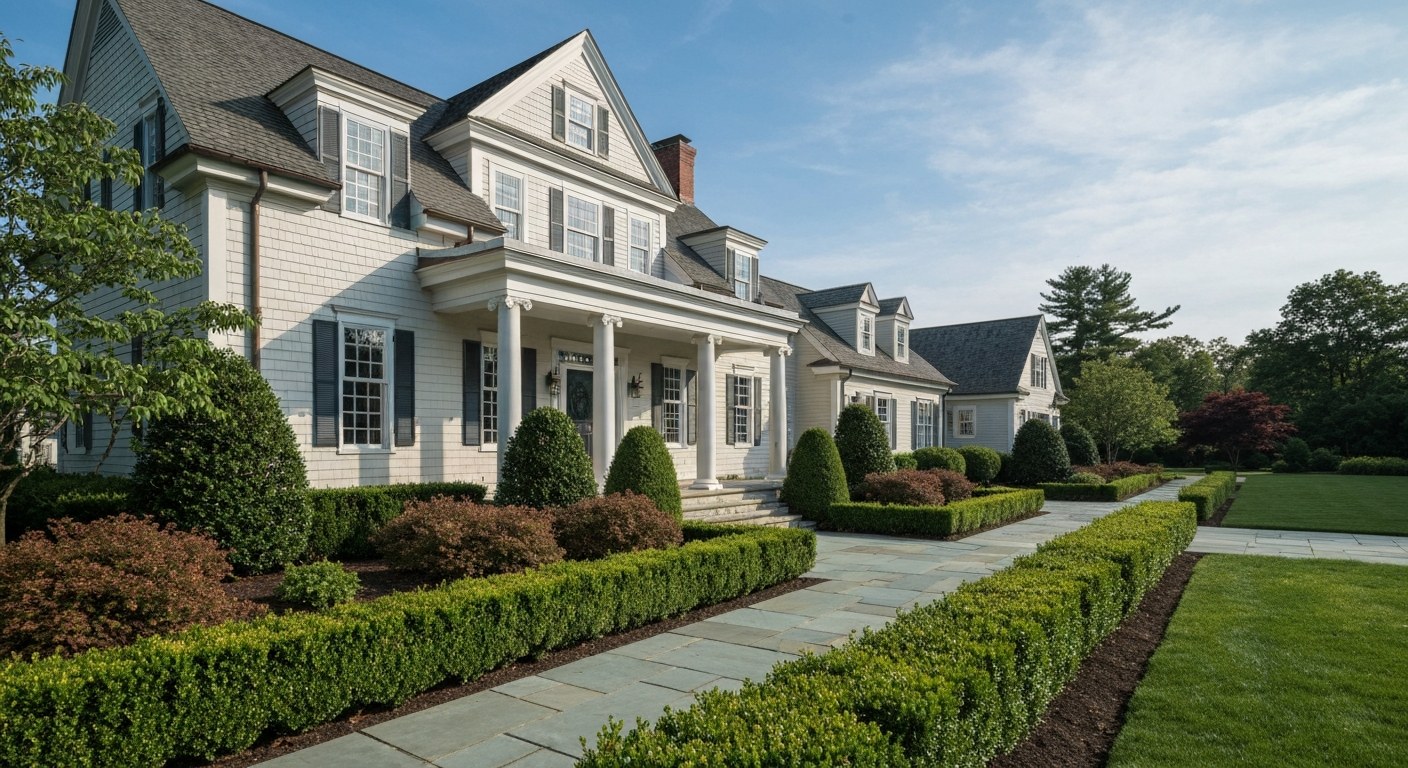 large colonial home with manicured hedges and stone walkway