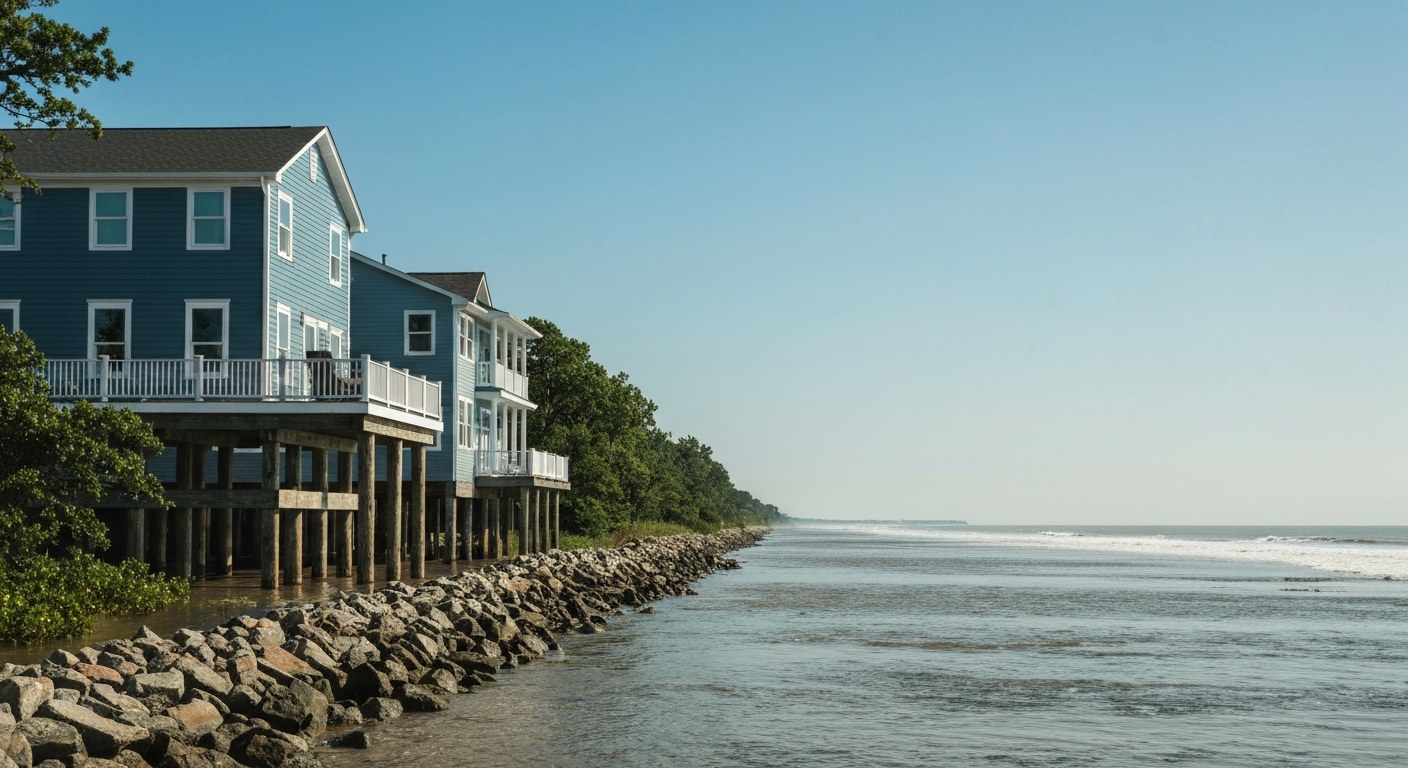 coastal flood barrier and elevated house foundation near shoreline