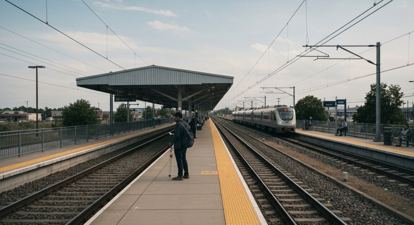 suburban railway station with commuters waiting on platform