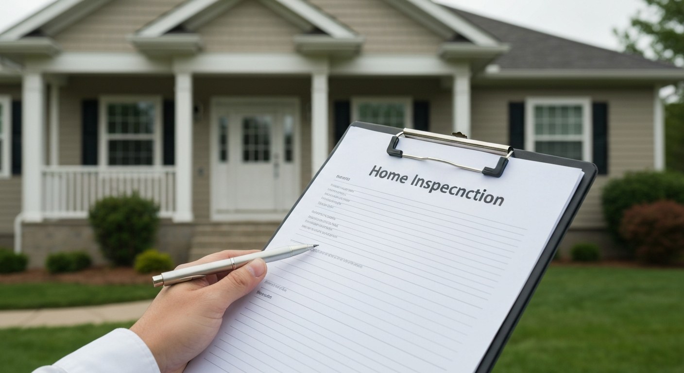 home inspection checklist on clipboard in front of a house exterior