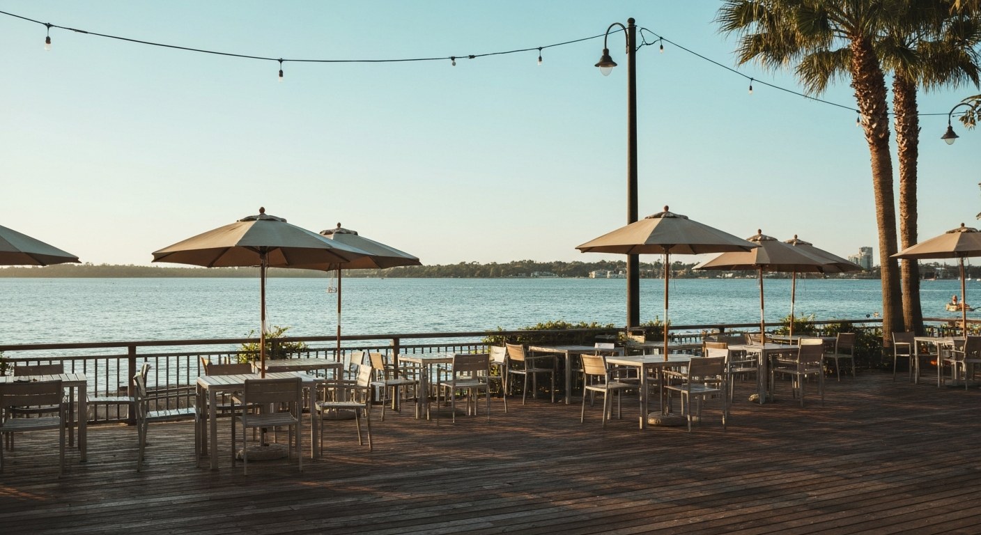 seaside cafe terrace with tables and umbrellas facing the water