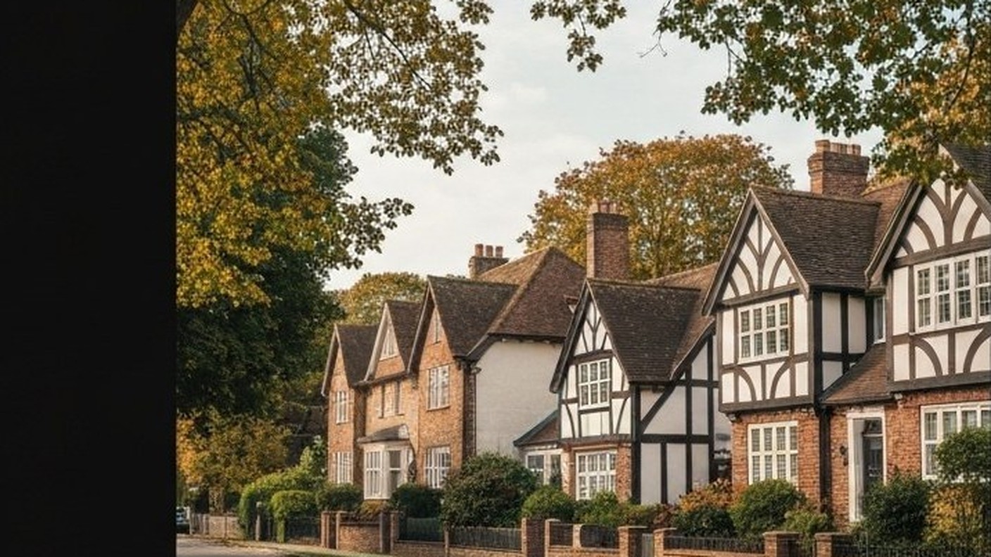 leafy suburban village street with tudor style houses and mature trees, autumn