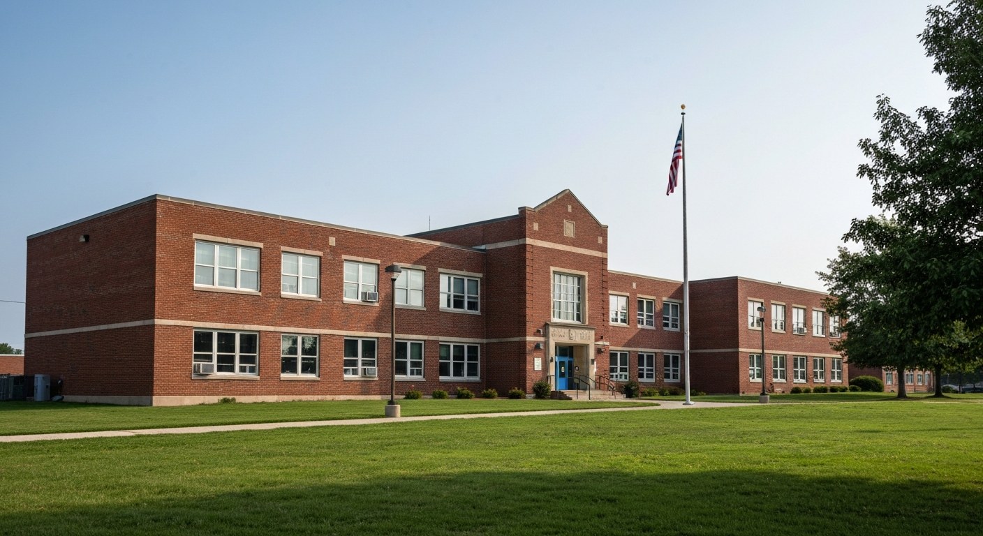 red brick public elementary school building with green lawn and flagpole