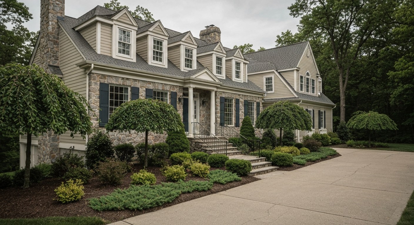 large colonial house with stone facade and landscaped front garden, driveway