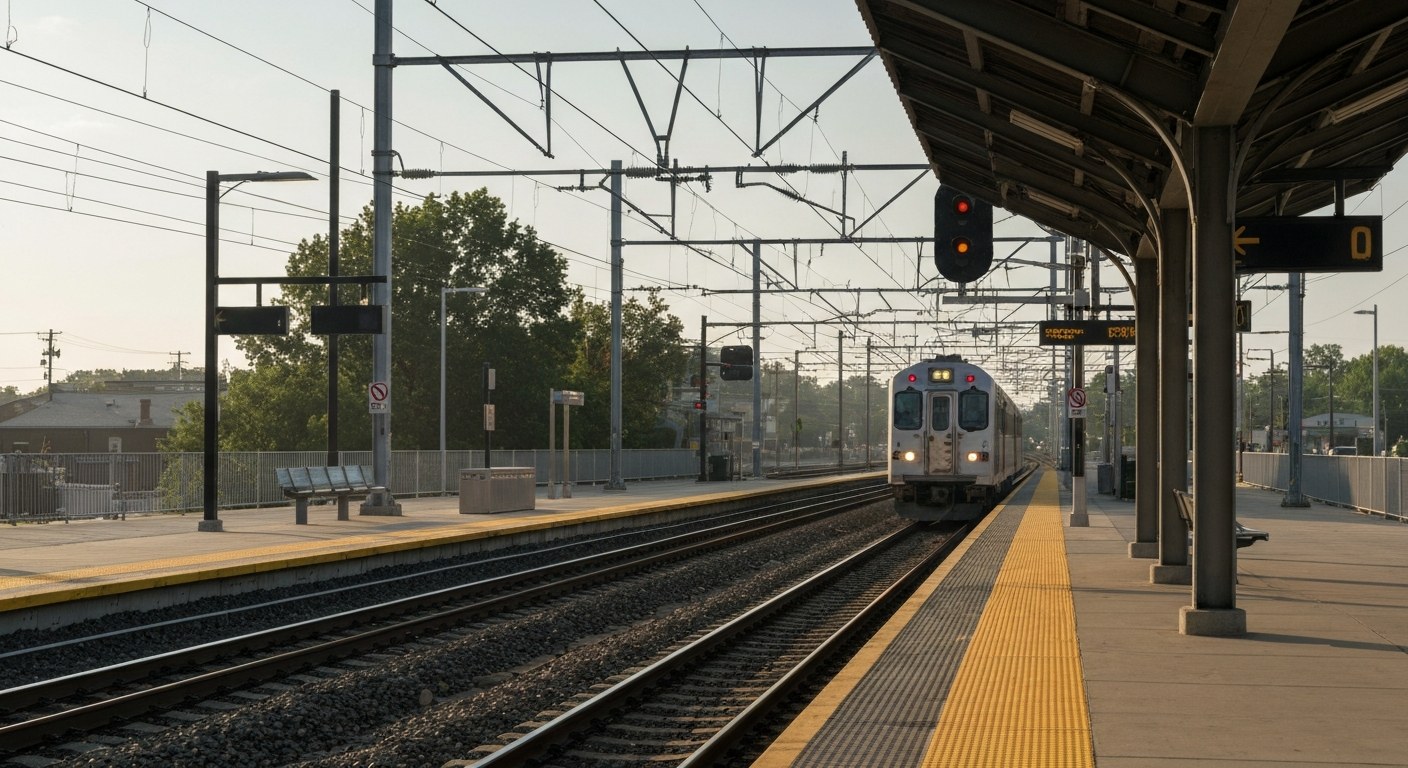 suburban commuter rail station platform with train arriving, morning light