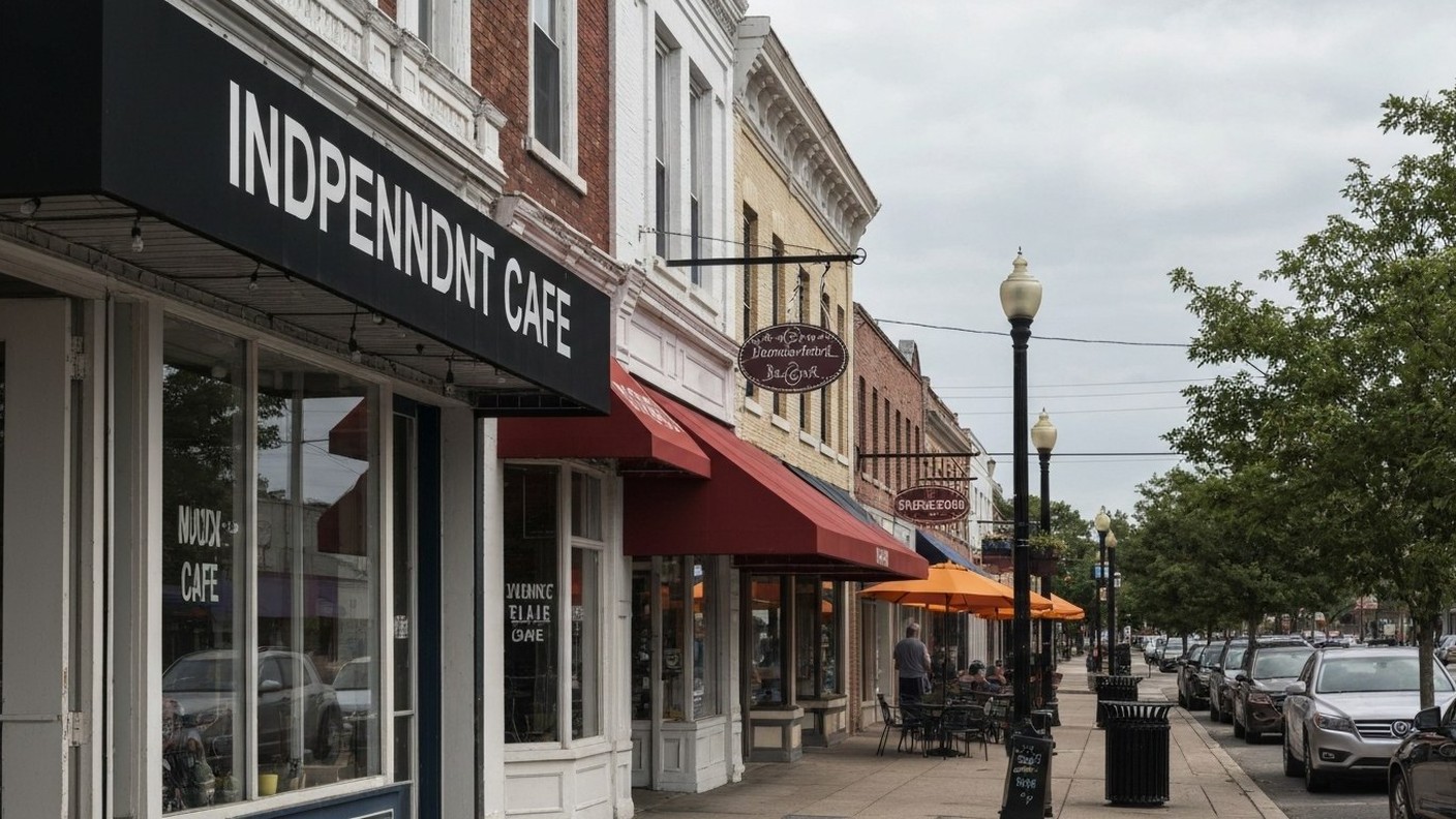 small town main street with independent shops and cafe awnings, pedestrians