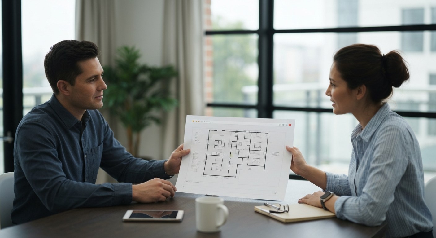real estate agent showing floor plans at a table with couple, bright interior