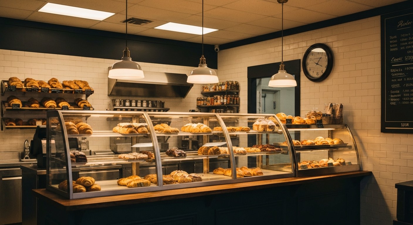 bakery counter with pastries and warm lighting, small business interior
