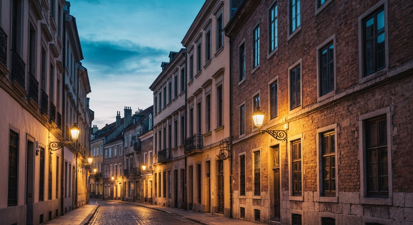 SoHo streetscape at dusk with warm lights, historic architecture