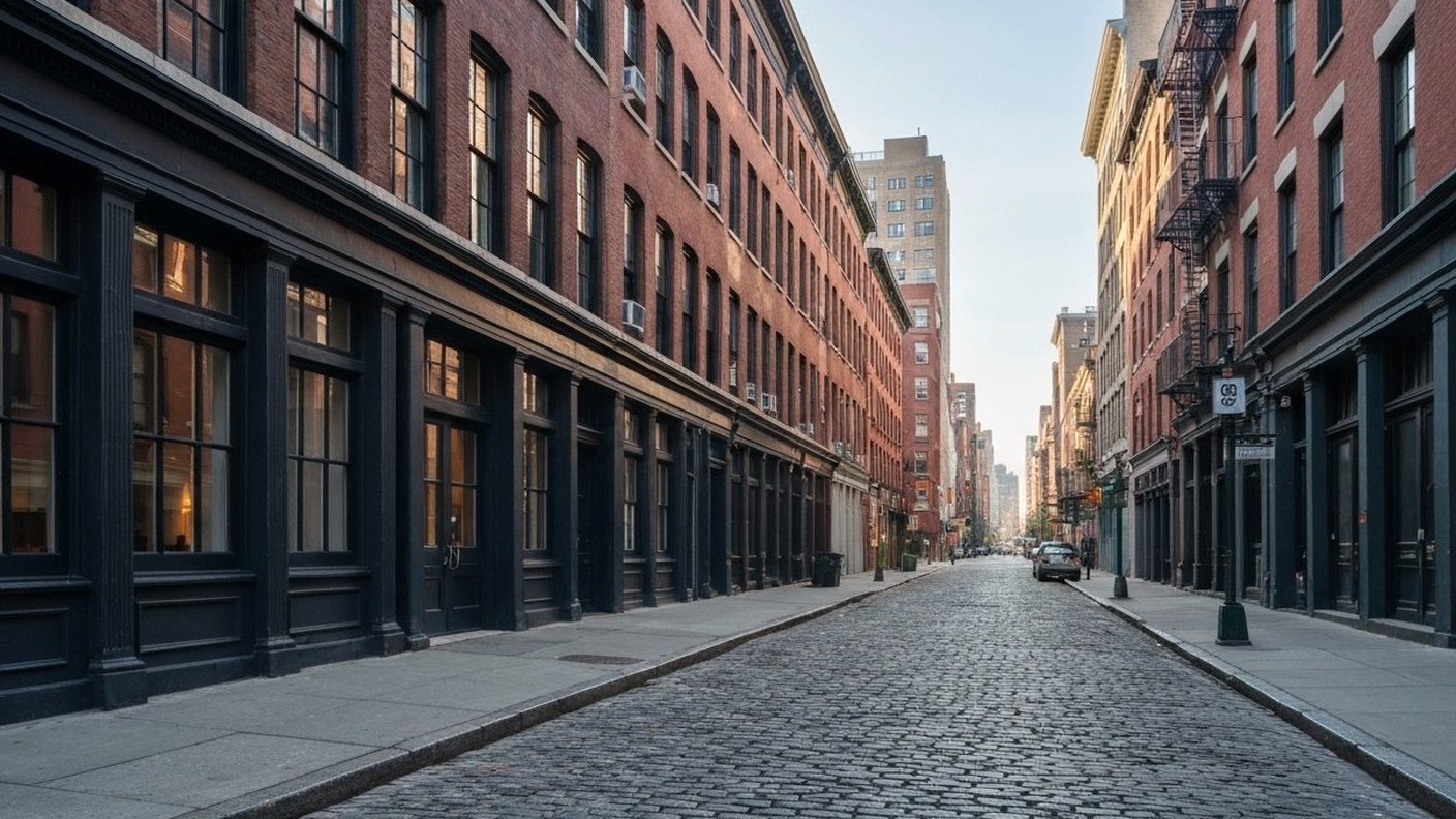 SoHo cast iron building facades and cobblestone street, New York, morning light