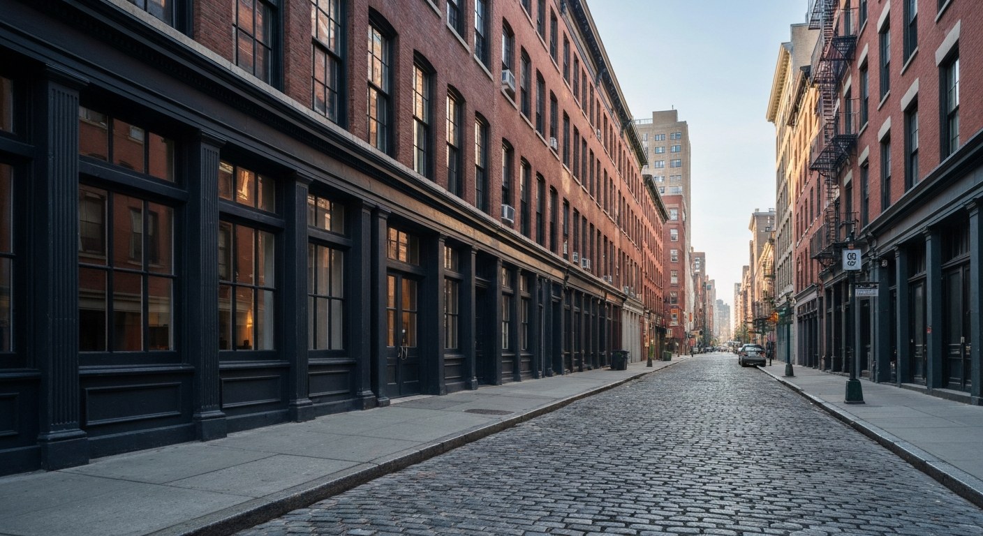 SoHo cast iron building facades and cobblestone street, New York, morning light